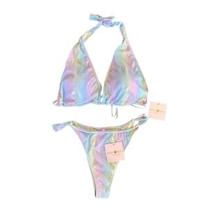 Moda Minx Pearl Iridescent Bikini Set XXL Simple Halter Top Fixed Rouched Bottom